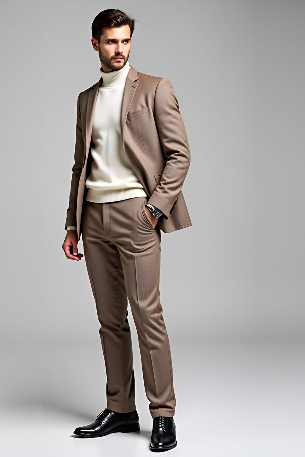 Khaki Notched Kavajslag 2 stycken Mäns kostymer