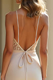 Slida Champagne Stretch Satin Spaghetti Remmar Lång Balklänning