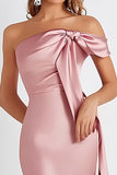 Rosa Satin Slida Plisserad Axelbandslös Formell Klänning
