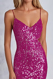 Glittrande Paljetter Fuchsia Spaghetti Remmar Fodral Formell Klänning