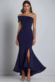 Navy Crepe One Shoulder Sheath Formell Klänning med slits