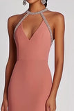 Fodral Rosa pärlstav Halter Lång Chiffong Formell Klänning