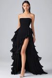 Svart A Line Ruffles Chiffong Tiered Axelbandslös Formell Klänning med slits