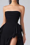 Svart A Line Ruffles Chiffong Tiered Axelbandslös Formell Klänning med slits