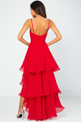 Volang Tiered Röd Chiffong Spaghetti Straps Formell Klänning