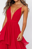 Volang Tiered Röd Chiffong Spaghetti Straps Formell Klänning