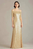 Guld Off The Shoulder Slida Formell Klänning Med Paljetter