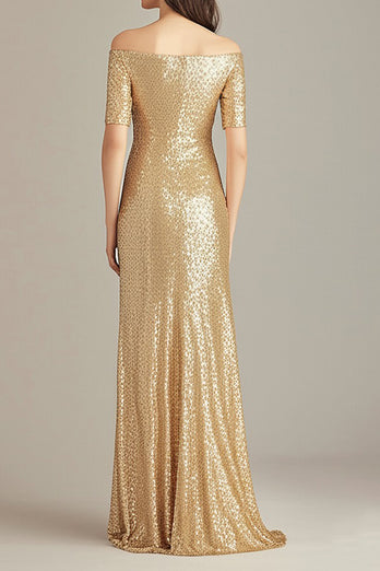 Guld Off The Shoulder Slida Formell Klänning Med Paljetter