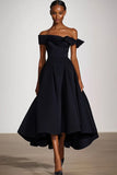 Off The Shoulder En Linje Svart Satin Formell Klänning