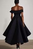 Off The Shoulder En Linje Svart Satin Formell Klänning