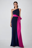 Enaxlad Navy Fuchsia Slida Formell Klänning med Bälte