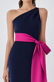 Enaxlad Navy Fuchsia Slida Formell Klänning med Bälte