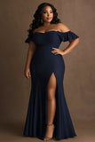 Marinblå Off The Shoulder Plus Size Lång Formell Klänning Med Slits