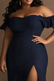 Marinblå Off The Shoulder Plus Size Lång Formell Klänning Med Slits