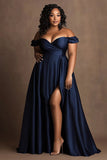 Plus Size Navy Off The Shoulder Satin Lång formell klänning med slits