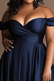 Plus Size Navy Off The Shoulder Satin Lång formell klänning med slits