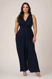 Plus Size Navy V-ringad Lång Kvinnor Jumpsuits