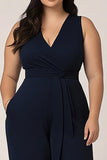 Plus Size Navy V-ringad Lång Kvinnor Jumpsuits