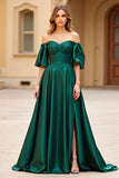 Mörkgrön Off The Shoulder Puff Ärmar Lång Satin Prom Klänning med slits