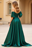 Mörkgrön Off The Shoulder Puff Ärmar Lång Satin Prom Klänning med slits