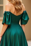 Mörkgrön Off The Shoulder Puff Ärmar Lång Satin Prom Klänning med slits