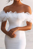 Off The Shoulder Asymmetrisk Volang Vit Examen Klänning