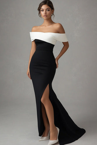 Matt Satin Mermaid Off the Shoulder Black Tie Klänning med slits