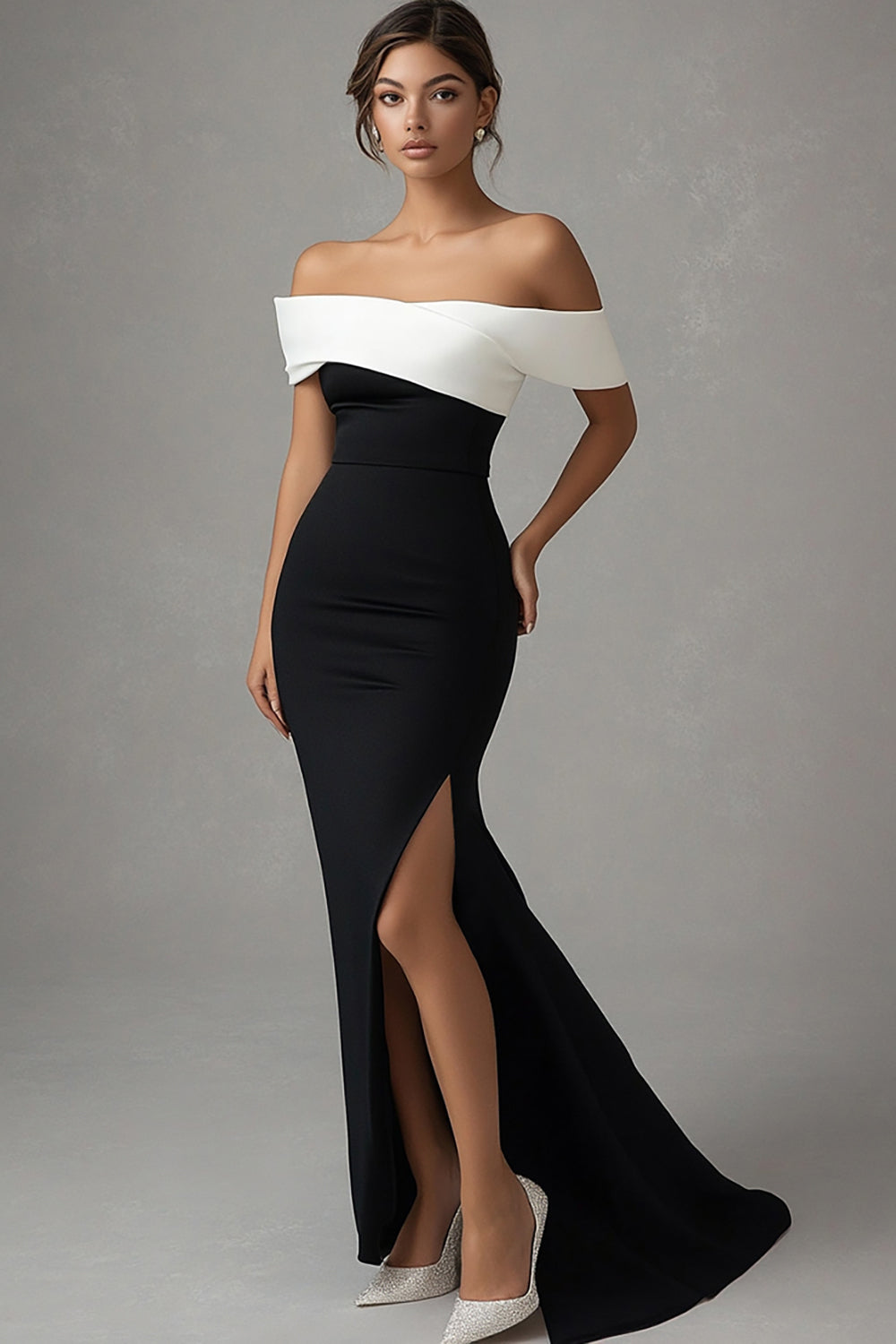 Matt Satin Mermaid Off the Shoulder Black Tie Klänning med slits