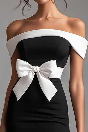 Bodycon Off The Shoulder Kort Svart Slips Klänning med Rosett
