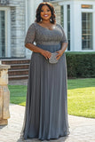 Glittrande Grå A Line Plus Size Klänning för brudens mor med applikationer
