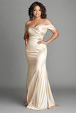 Off The Shoulder Champagne Slida Satin Plus Size Klänning för Brudens Mor