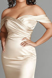 Off The Shoulder Champagne Slida Satin Plus Size Klänning för Brudens Mor