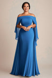 Off The Shoulder Blå Slida Chiffong Plus Storlek Klänning för Brudens Mor