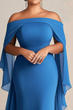 Off The Shoulder Blå Slida Chiffong Plus Storlek Klänning för Brudens Mor