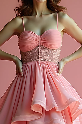 Glittrande Rosa A Line Spaghetti Straps Ruffle Lång Balklänning Med Paljetter