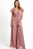 Dusty Rose V-ringad volang Chiffong jumpsuit