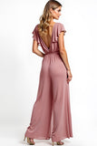 Dusty Rose V-ringad volang Chiffong jumpsuit