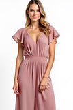 Dusty Rose V-ringad volang Chiffong jumpsuit