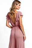 Dusty Rose V-ringad volang Chiffong jumpsuit