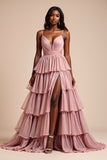 Dusty Rose A Line Spaghetti Remmar Volanger Tiered Balklänning