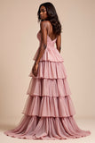 Dusty Rose A Line Spaghetti Remmar Volanger Tiered Balklänning
