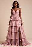 Dusty Rose A Line Spaghetti Remmar Volanger Tiered Balklänning