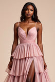 Dusty Rose A Line Spaghetti Remmar Volanger Tiered Balklänning