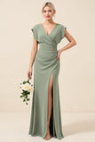 Chiffong V-ringad Lång Eucalyptus Bridesmaid Klänning Med Slits