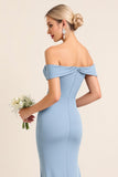 Matt Satäng Off The Shoulder Dusty Blue Rynkad Slida Brudtärna Klänning med slits
