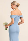 Matt Satäng Off The Shoulder Dusty Blue Rynkad Slida Brudtärna Klänning med slits