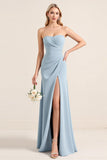 Stretch Satin Dusty Blue Axelbandslös Fodral Brudtärna Klänning med slits
