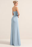 Stretch Satin Dusty Blue Axelbandslös Fodral Brudtärna Klänning med slits