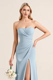 Stretch Satin Dusty Blue Axelbandslös Fodral Brudtärna Klänning med slits