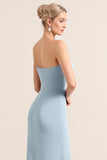 Stretch Satin Dusty Blue Axelbandslös Fodral Brudtärna Klänning med slits